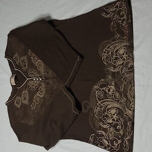 BLUE CANYON Clothing  Brown Embroidered 3/4 Sleeve Top